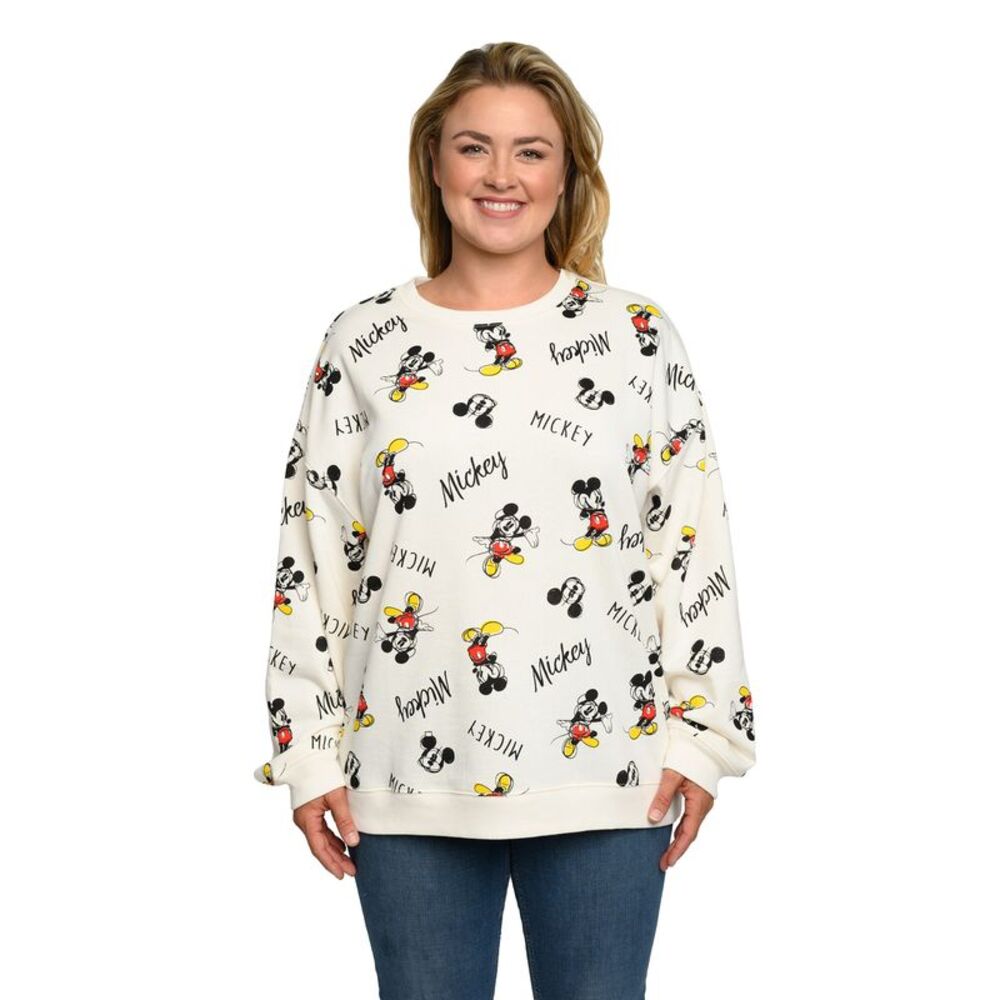 New Disney Womens Plus Size Mickey Mouse Fleece Long Sleeve All-Over Sweatshirt